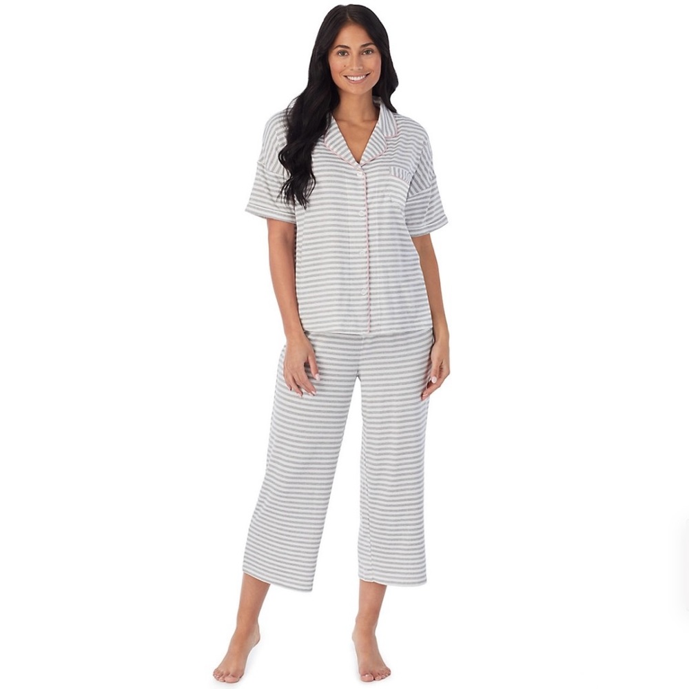 Women's Cuddl Duds Short Sleeve Pajama Shirt & Wide Leg Cropped Pajama Pants Set